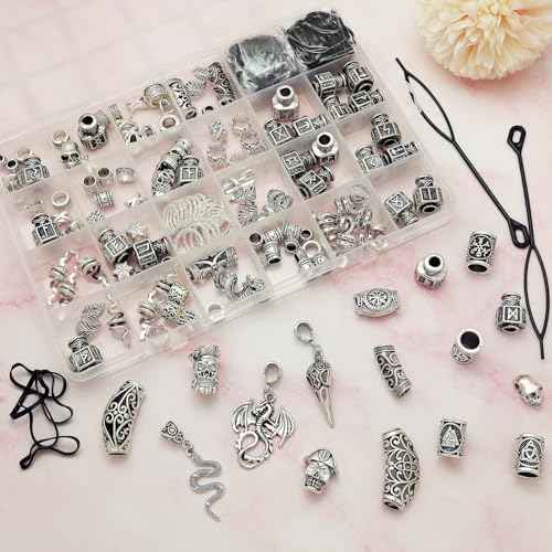 Fscwlmon 242PCS Vikings Hair Clips Jewelry for Women Men Norse Runes Tube Beads Loc Accessories Metal Braids Clip Cuffs for Dreadlock Viking Beard Hair Beads Bracelet Necklace DIY Pirate Decor Silvery
