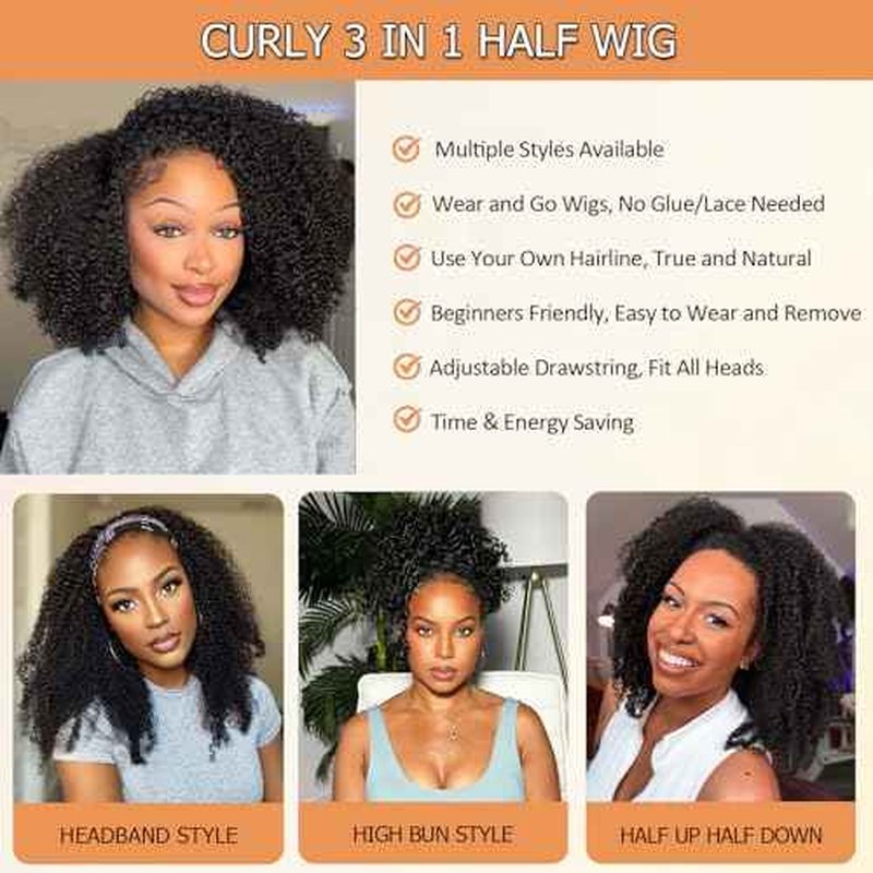 Half Wig Curly Human Hair 200 Density Upgrade 3 IN 1 Half Wigfor Black Women Kinky Curly Beginner Friendly Drawstring Seamless Flip Headband Wig 24 Inch
