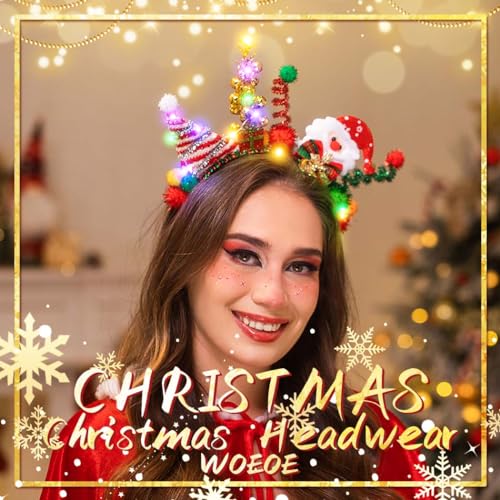 Woeoe Led Christmas Headband Santa hat Hair Hoop Bells Cute Christmas Costume Snowman Headpieces Light Up Headpiece