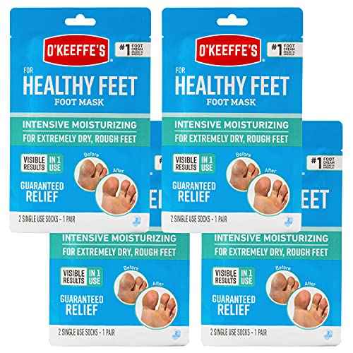 O'Keeffe's for Healthy Feet Intensive Moisturizing Foot Mask; Guaranteed Relief for Extremely Dry; Rough Feet; One Pair Single-Use Hydrating Foot Mask Socks; (Pack of 4)