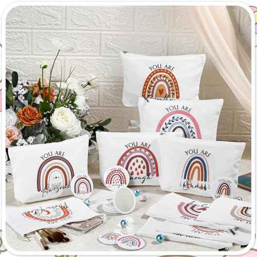 20 Pcs Employee Appreciation Gifts Inspirational Canvas Makeup Bags Compact Mirrors Bulk Cosmetic Bags Portable Mirror Thank You Gifts for Women Boss Medical Assistant Christmas (Rainbow)