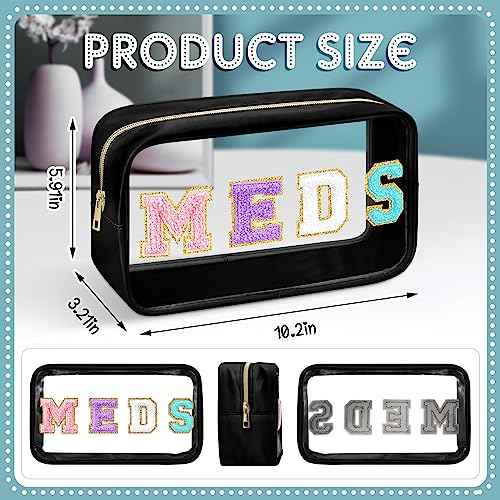Geetery Chenille Letter Bag Nylon Portable Makeup Cases Preppy Patch with Zipper Cosmetic Toiletry Storage Bag for Women(Black,Original MEDS)