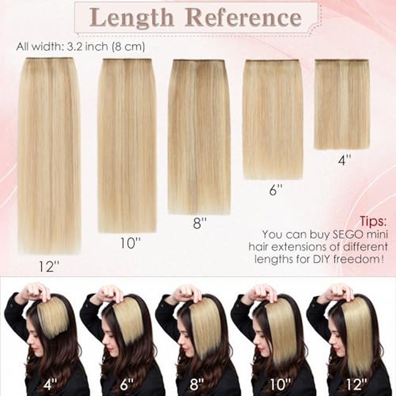 SEGO Clip in Hair Extensions for Women, 100% Remy Human Hair, Mini Hairpieces with 2 Clips, Short Extensions to Add Hair Volume, 2 Pcs, 12 Inches, 34g, Light Brown