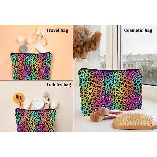Colorful Neon Leopard Print Rainbow Makeup Bag Cosmetic Bag Zipper Pouch Toiletry Bags,Leopard Print Gifts for Women Teen Girls