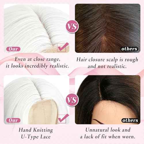 MYQUEEN White Wig for Women Long Wavy Wig 26 Inch Glueless Curly Synthetic Lace Front Wig Middle Part Natural Looking Heat Resistant Fiber Wig for Party Holloween Cosplay