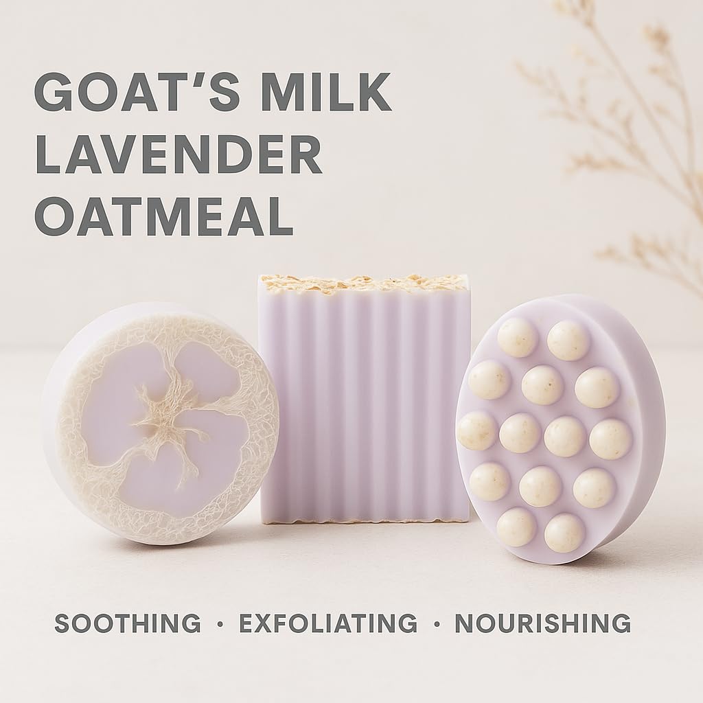 Aqua Marr Lavender Goat Milk Soap Set – 3 Pack Gift Box – Hydrating & Exfoliating Oatmeal Bars – Handmade Natural Soap for Sensitive Skin – 4 oz Each – Made in Miami