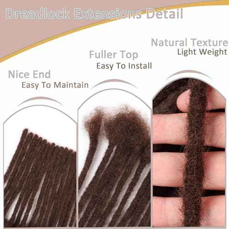 Handmade Human Hair Dreadlocks, 0.6cm/20strands Dreadlock Extension 100% Full Handmade Permanent Dreadlock Extension for Women/Men/Kids Can Be Dyed Bleached 18 inches Color 4#
