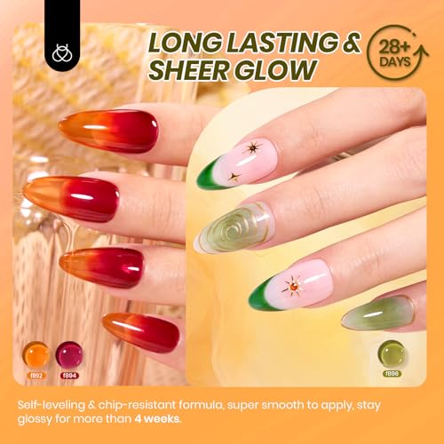 Beetles Jelly Gel Nail Polish Set - Autumn Prism Jelly Gel Polish, 6 Colors Fall Gel Polish Kit Yellow Orange Burgundy Red Purple Green Sheer Translucent Soak off UV Nail Art Manicure Gift for Women