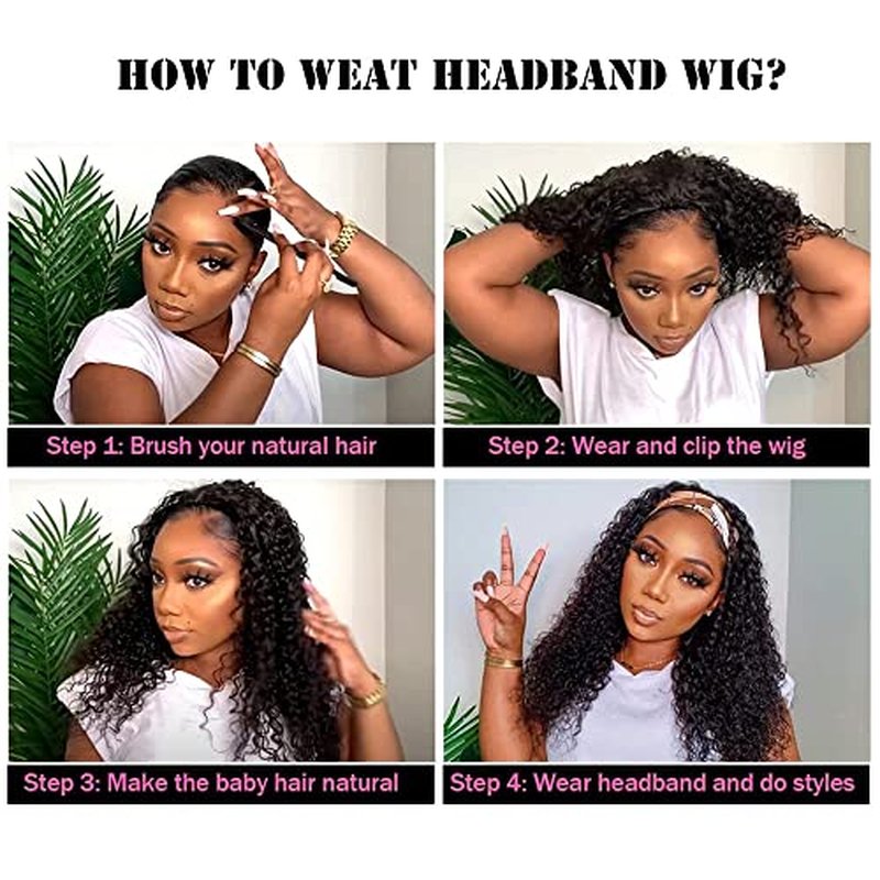 Headband Wig Human Hair Wigs 18-Inch Curly Deep Wave Headband Wig Wear and Go Glueless Wig Natural Color