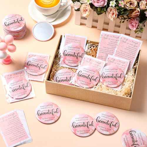 50 Pcs Inspirational Mini Compact Mirror Bulk for Women Christmas Pink Pocket Gifts Portable Round Purse Mirrors Thank You Reminder Gift for Coworker Employee Staff Nurse