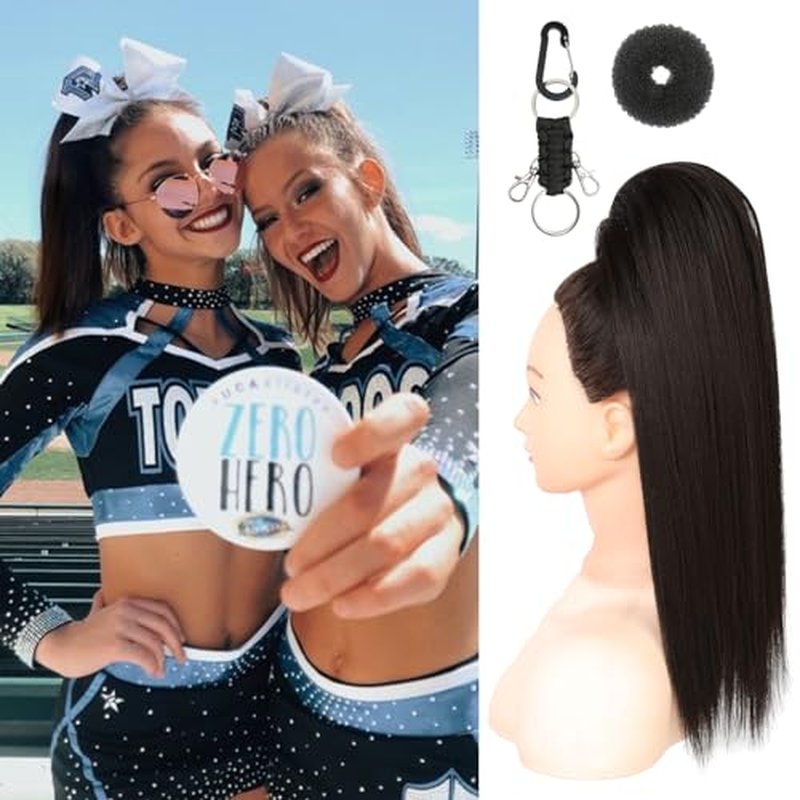 SEIKEA Cheer Ponytail Hair Piece, 16" Black Brown Straight Cheerleader Hairpiece Ponytail Extension for Cheerleader Competition, Dance