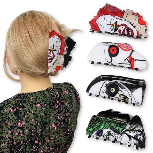 4pcs Spooky Halloween Hair Accessories, 4inch Large Scream Mask Claw Clips, Fun Halloween Hair Clips, Skull Ghost Decorative Claw Clips, Cyberpunk Green Hair Water Ghost Hair Clips