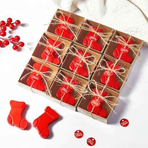 Maxcheck 50 Sets Christmas Bar Soap Gift Set Christmas Handmade Soaps Tree Socks Gingerbread Snowflakes Body Soaps with Exquisite Box Christmas Stocking Stuffers Gifts for Guests (Christmas Socks)
