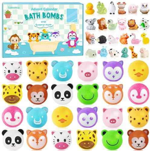 Christmas Advent Calendar 2025 Kids Bath Bombs with Surprise Toys Inside, 24 Days of Christmas Countdown Calendar Bath Bombs with Animal Toys Birthday Xmas Gift for Children Boys Girls