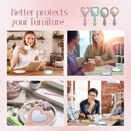 4 Pcs Diamond Painting Mirror Handheld Kits Valentine Christmas Art Gifts Compact Decorate Your Own Mirror for Hand DIY Crafts