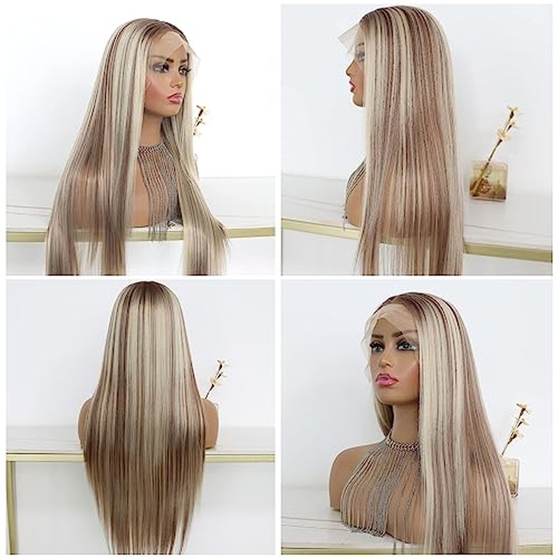 Highlight Ash Blonde Lace Front Wig Long Straight Glueless Ombre Brown Mixed Blonde 13x4 Synthetic Lace Front Wigs for Women 150 Density 24 Inches