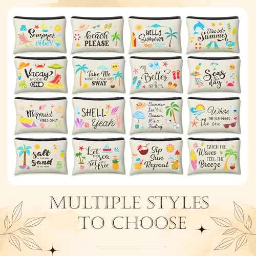 Kacctyen 16 Pcs Christmas Makeup Bag Gifts Bulk Cosmetic Bag with Zipper Santa Snowman Red and Green Travel Make up Pouch Portable Storage Pouch for Women Xmas Party Accessories(Summer)