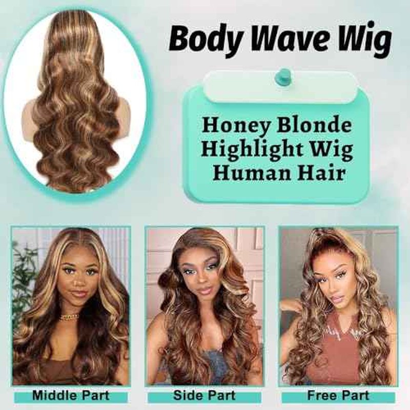 Highlight Ombre 13x6 Lace Front Wig Human Hair 220% Density Honey Blonde Ombre Highlight Body Wave Human Hair Wig Pre Plucked with Baby Hair 4/27 Highlight Wigs for Women 22 Inch