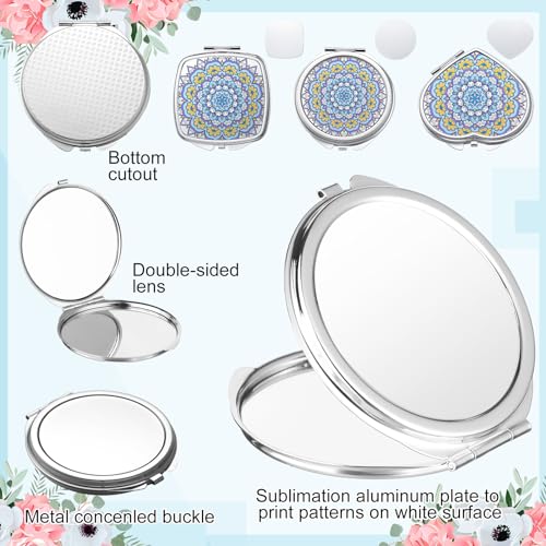 Jetec 12 Pcs Sublimation Blanks Products Small Compact Mirror Bulk Heat Transfer Folding Pocket Makeup Mirror Heart Round Square Double Sided Handheld Sublimation Mirror for Women Gift Purse Travel