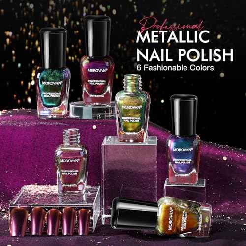 Morovan Fingernail Nail Polish Set: Holographic Metallic Lacquer Air Dry Nail Polish Regular Nail Pack 0.27oz Glitter Finger Nail Bulk Toenail Polish Kit Halloween Fall Gift for Women