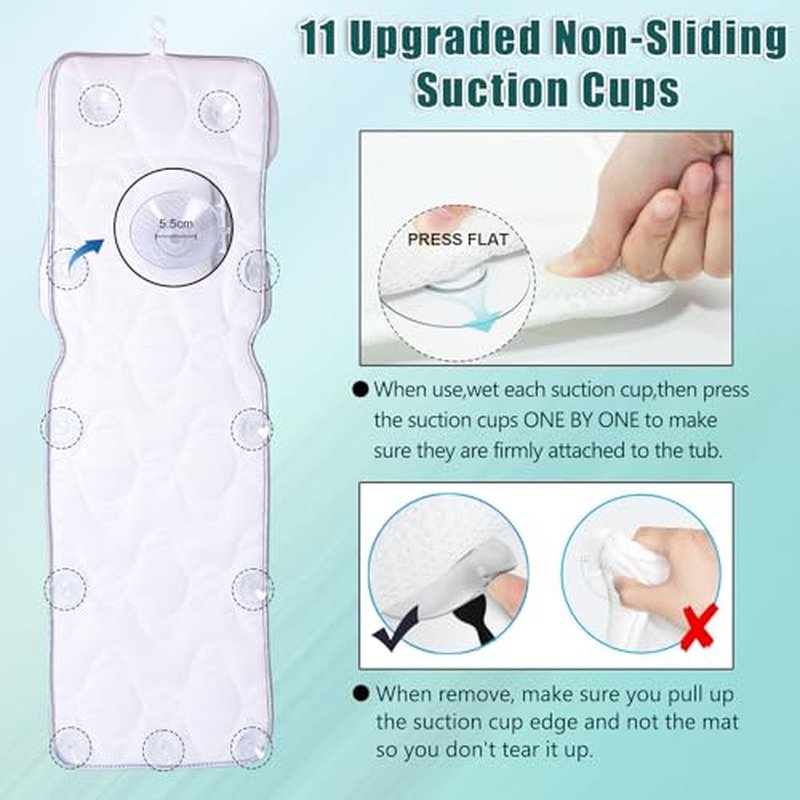 Coastacloud Full Body Bath Pillow for Bathtub, Luxury Bathtub Pillow with Suction Cups, 4D Breathable Mesh Spa Cushion for Headrest, Neck and Back Support, Quick Drying Polyester, White, 49" x 16"