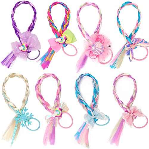 8 Pieces Colored Braids Hair Extensions with Rubber Bands Ponytails Hair Bows Rainbow Color Synthetic Hairpieces Glitter Braided Hair Extensions for Women Kids Girls Party Highlights Cosplay Dress Up