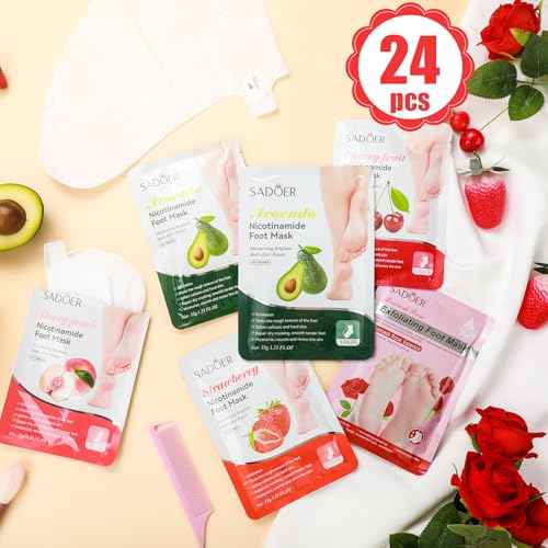 24 Pcs Fruits Beauty Foot Mask Bulk Hydrating Foot Moisturizing Socks Shea Butter Aloe Treatment Mask for Spa Kit Sleeping Skincare Gift Beauty Kits for Women