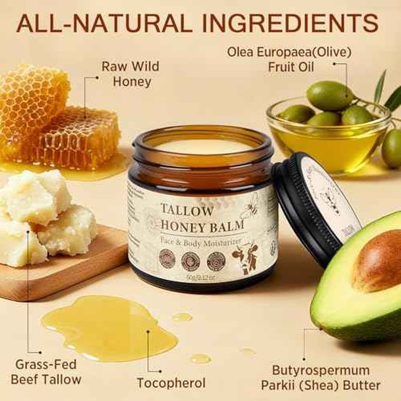Tallow and Honey Balm for Face, Beef Tallow for Skin, Grass-Fed Beef Tallow & Raw Wild Honey, Body & Face Moisturizer