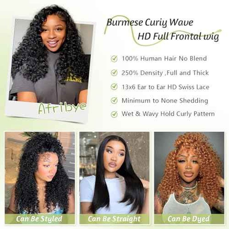 Burmese Curly Wig for Black Women 13x6 Lace Front Wigs Human Hair 250 Density HD Lace Frontal Human Hair Pre Plucked Water Wave Human Hair Wigs with Spiral End Natural Color 18inch