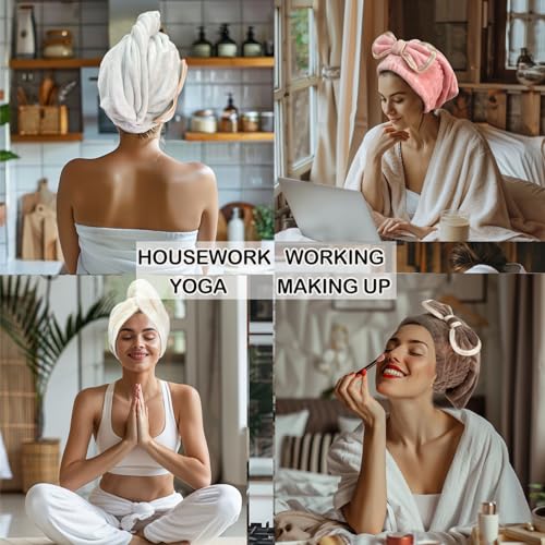 Jseng Microfiber Hair Towel Caps for Wet Hair with Cute Bowtie, 3Packs Fast Drying Hair Towel Caps for Long Curly Hair Women