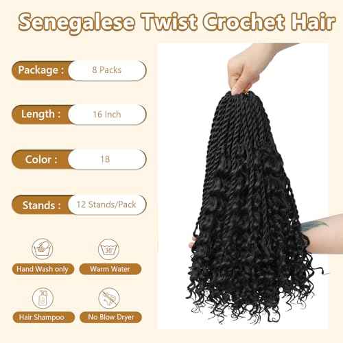 Senegalese Twist Crochet Hair For Black Women - 16 Inch Boho Island Twist Crochet Braids Hair Curly Ends 8 Packs Pre Looped Crochet Braiding Hair Extensions(1B)