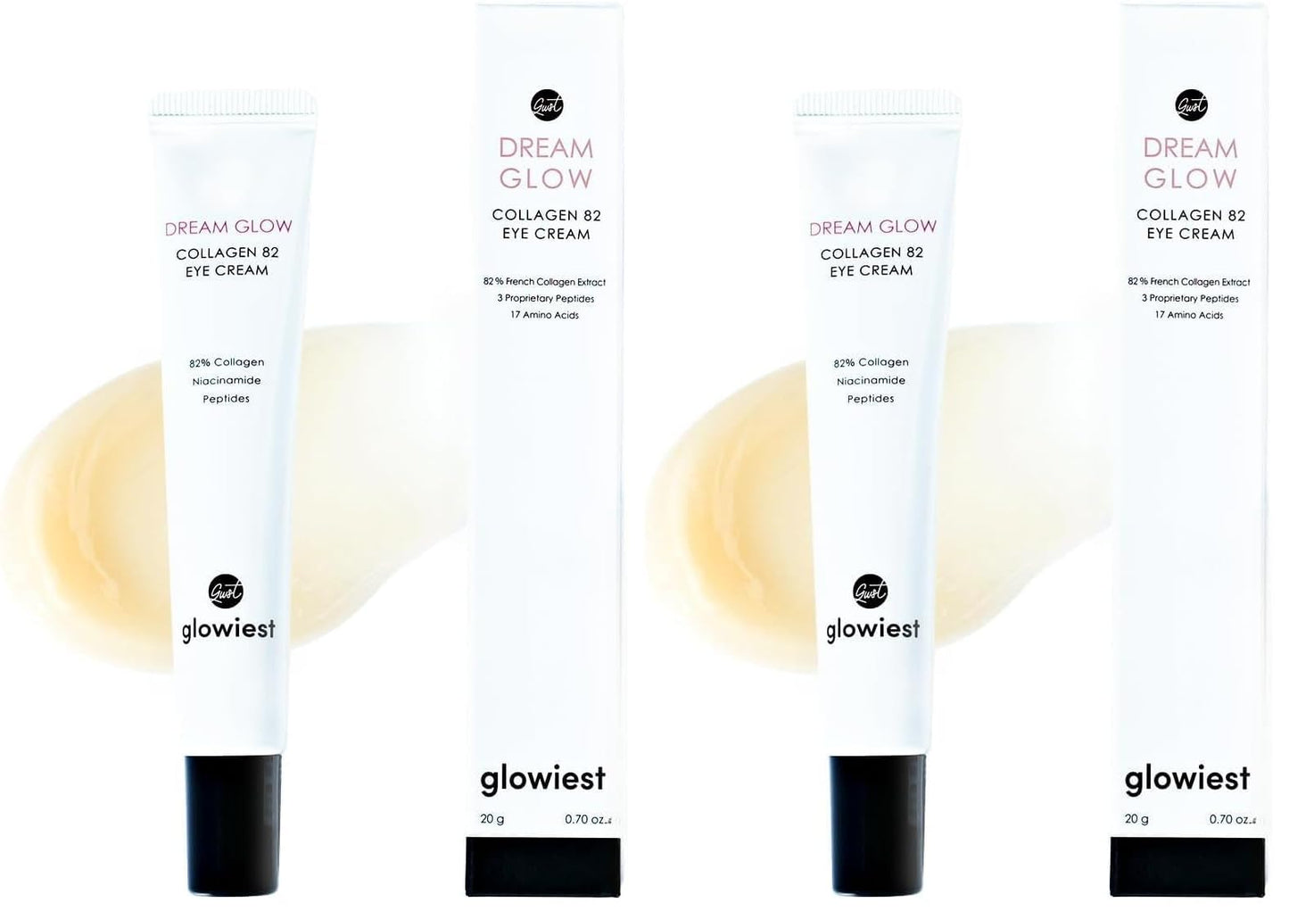 glowiest Dream Glow Collagen 82 Eye Cream- French Collagen eye cream Dark Circle under eye treatment korean eye cream, Glowing Day and Night Care Not Tested on Animals -0.7oz./20g (Pack of 2)
