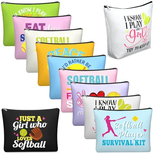 10 Pcs Softball Gifts Makeup Bags Softball Cosmetic Goodie Bag Bulk with Zipper Sport Theme Waterproof Travel Case for Christmas Women Lovers Team Gifts Female Coworkers Friends BFF Besties