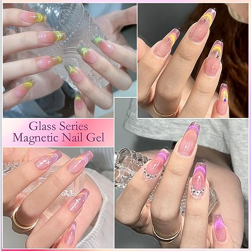 MTSSII Cat Eye Gel Nail Polish Glass Series Magnetic Nail Gel Rainbow Jelly Cateye Pink Purple Translucent UV/LED Nail Polish Nail Art Gifts Set for Women