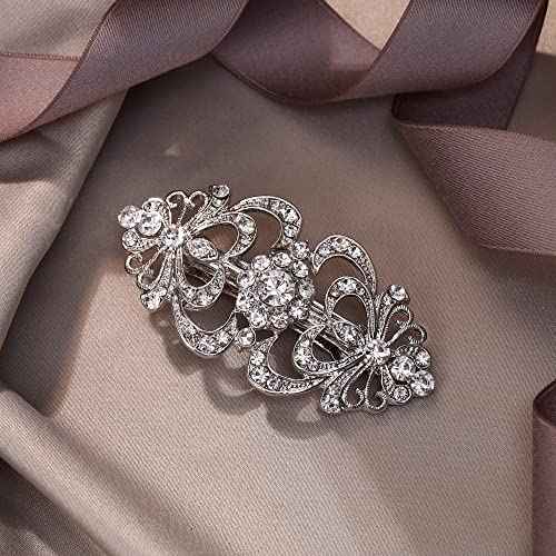 EVER FAITH Austrian Crystal Bridal Barrette Clip, 1920s Art Deco Two Heart Rhinestone Hair Accessories for Women Clear Silver-Tone