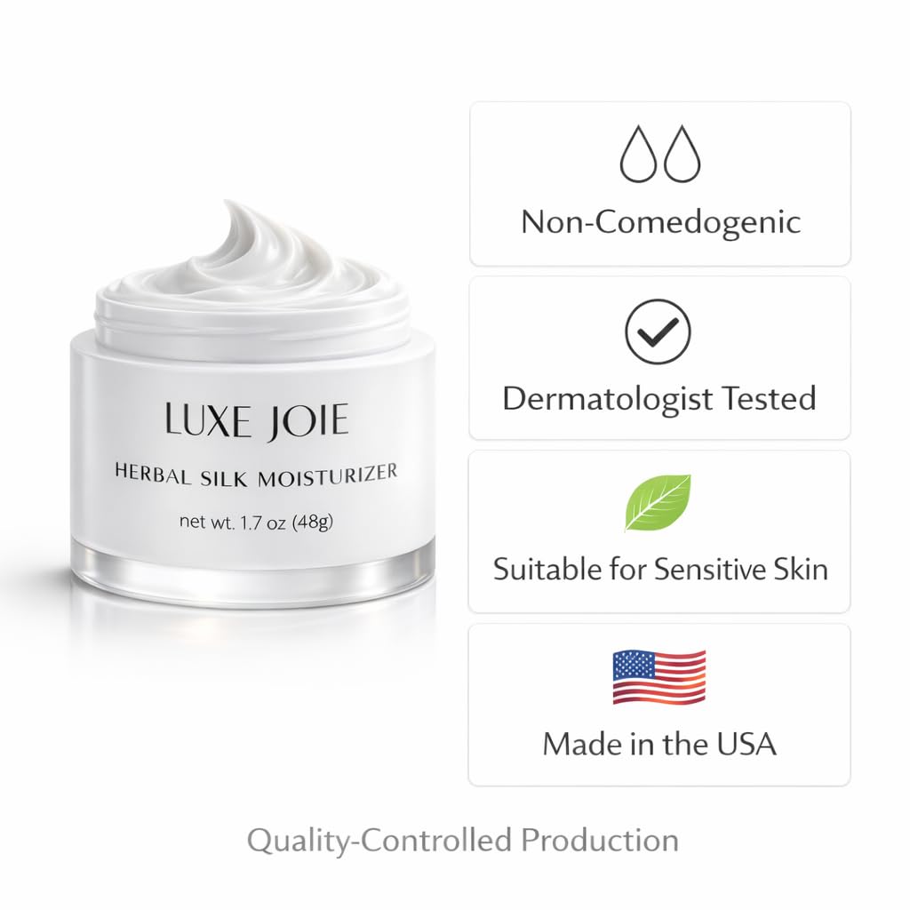 LuxeJoie Herbal Silk Moisturizer Face Cream, 1.7 oz, Lightweight Hydrating Facial Moisturizer Cream for Sensitive Skin, Non-Greasy, Silky Finish, Jojoba & Cocoa Butter, Day & Night