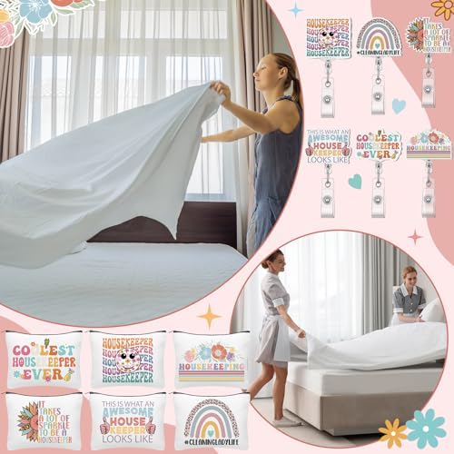 Kacctyen 24 Pcs Christmas Housekeeping Gifts Bulk 12 Thanksgiving Makeup Bag 12 Retractable Badge Reels Housekeeping Appreciation Gift for Housekeeper Cleaner Staff Team Employee Coworker Custodian