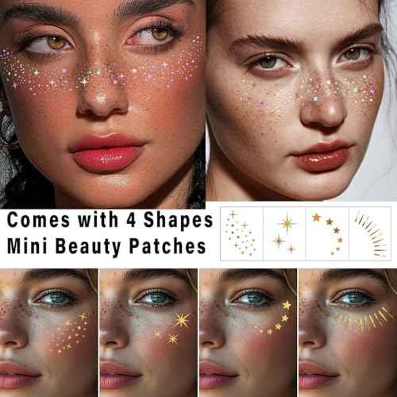 Freckles Face Tattoo, All-in-One Holographic & Gold Glitter, Waterproof and Sweatproof Sparkle Speckles Patches, Festival Cute Star Temporary Tattoo (Holographic&Gold)