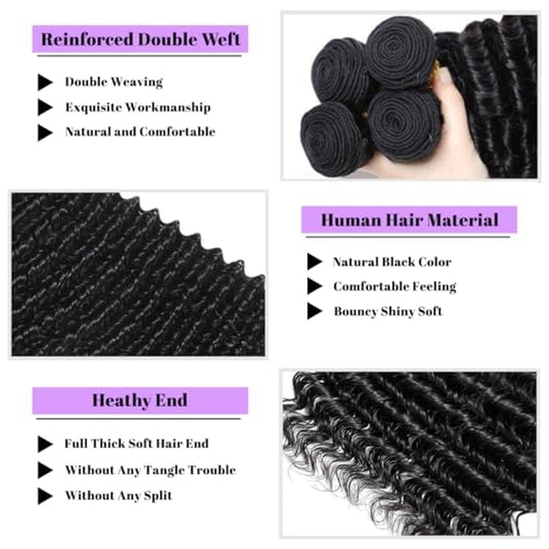 28 Inch Deep Wave Human Hair Bundles 1 Bundles Deep Wave Bundles 100% Unprocessed Brazilian Virgin Hair Curly Bundle Hair Extensions Real Human Hair Wavy Quick Weave Bundle Natural Black