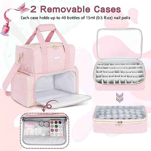 Nail Polish Organizer Holds 80 Bottles and a Nail Lamp,Nail Polish Carrying Case with 2 Removable Bags,Nail Organizers and Storage for Nail Tech,Portable Nail Polish Holder for Nail Supplies,Pink