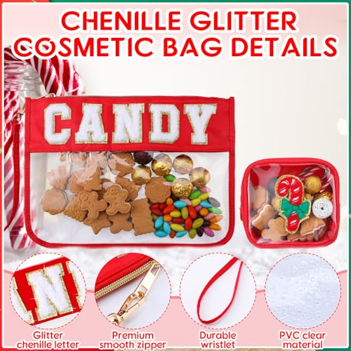 Hillban 2 Pcs Christmas Gifts Chenille Letter Bags Xmas Makeup Cosmetic Bag Clear Toiletry Zipper pouch Candy Canes purse Waterproof Travel Purse Preppy Things for Women Holiday Present