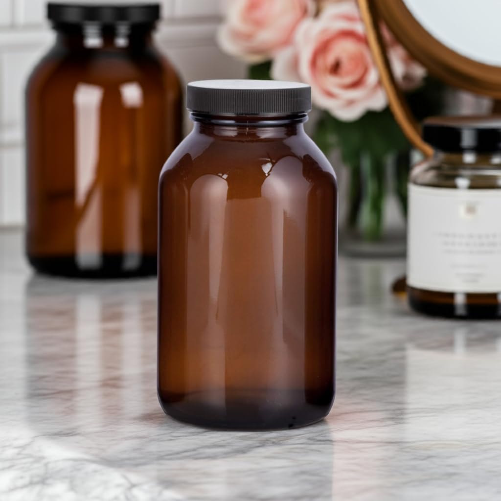 JUVITUS Amber 17 oz Wide Mouth Glass Packer Bottle with Black Lid (4 pack)