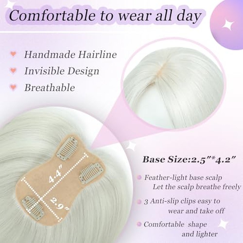 Hair Toppers for Women Real Human Hair£¬ 360¡Æ 3D Cover Hair Topper Clip in Bangs 10 Inch Realistic Scalp Pieces for Women with Thinning Crown (Silver White, Side Bangs)
