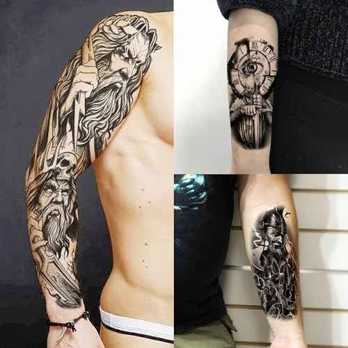 20 Sheets Black Zeus God Full Arm Temporary Tattoos For Men Adults Thigh, Bulk Temp Egypt Judgement God Albis Medusa Poseidon Fake Sleeve Tattoos For Women, Halloween Tattoo Sticker Anchor Ship Faith