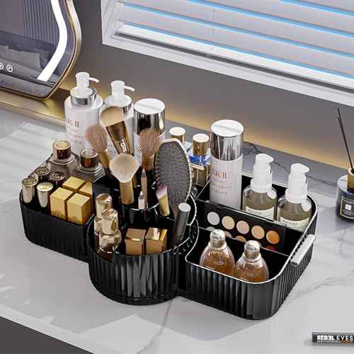 Rotating Makeup Organizer Cosmetic Display Case, Used for Vanity Makeup Brushes, Lipstick, Perfume and Various Skin Care Products - Spacious and Fashionable Storage Solution (Black)