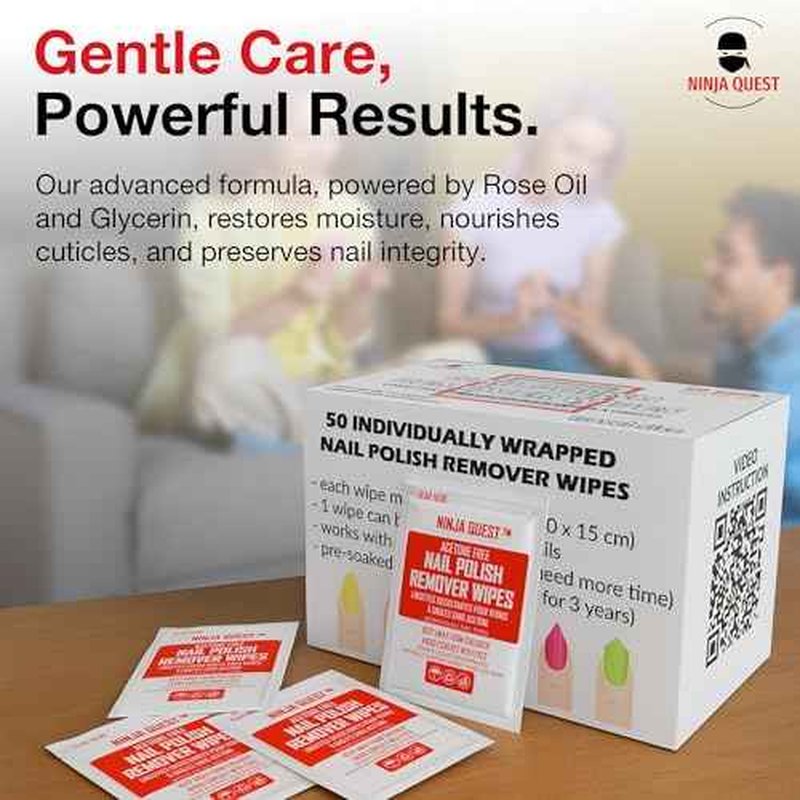Nail Polish Remover Pads - 100% Non-Acetone - 50 Pack Bulk Set - Individually Wrapped - Quick Nail Polish Remover Wipes - Fingernail Travel Kit to Clear Nail Polish for Home & Professional Removal