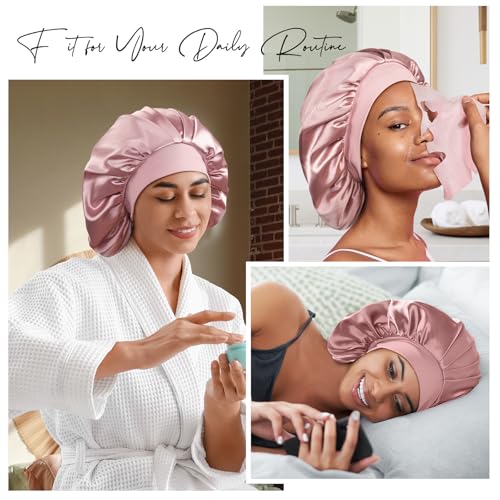 22 Momme 100% Real Mulberry Silk Bonnet for Sleeping Women, Large Hair Care Bonnet for Long Curly Hair, Double Layer Silk Wrap with Soft Elastic Band, Non-Slip Sleep Cap, Pink