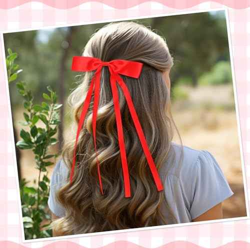 Mimorou 30 Pcs Hair Bow Clips Bulk Ribbon Bowknot Satin Tassel Hair Clips Barrettes Accessories with Long Tail for Women Girls