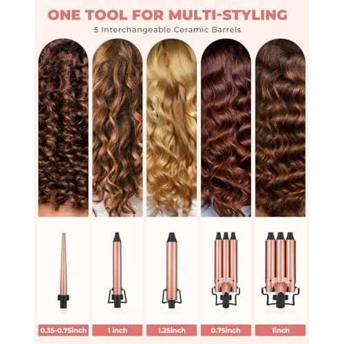 Waver Curling Iron Wand Set: Ohuhu 5 in 1 Curling Iron Set with 2 Size 0.75" 1" 3 Barrel Hair Crimper Beach Waves and 3 Interchangeable Wand 0.35"-1.25" LED Display for Girls Women Mother Gift