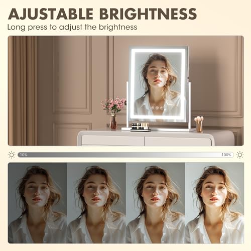 Hasipu Vanity Mirror with Lights, 16" x 20" LED Makeup Mirror, Light up Mirror with Smart Touch 3 Color Modes and Brightness Adjustment, 10X Magnifying Glass,360¡Æ Rotation